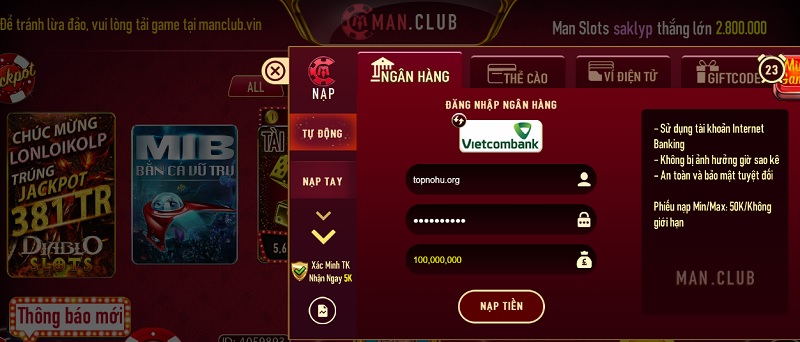 Hướng dẫn nạp tiền cho tân thủ dễ nhớ và dễ thao tác tại Man Club