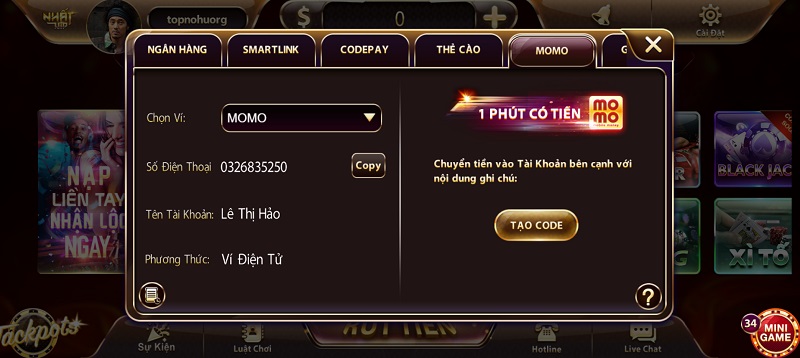 Nạp tiền qua ví Momo trong một nốt nhạc