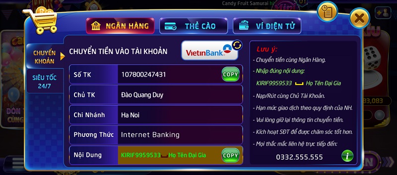 Nạp tiền qua ngân hàng nhanh chóng tại Rikvip