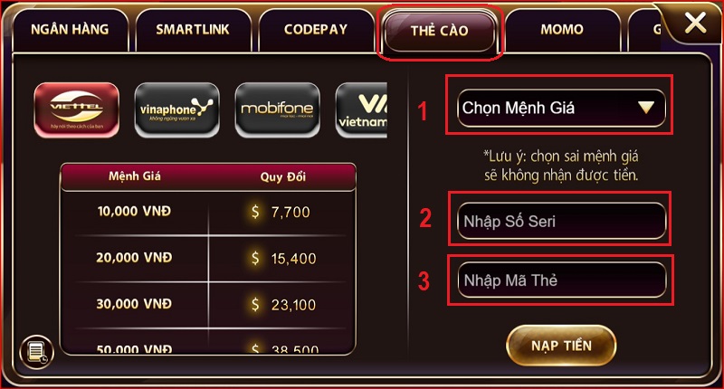 Nạp tiền bằng hình thức thẻ cào tại V8 Club